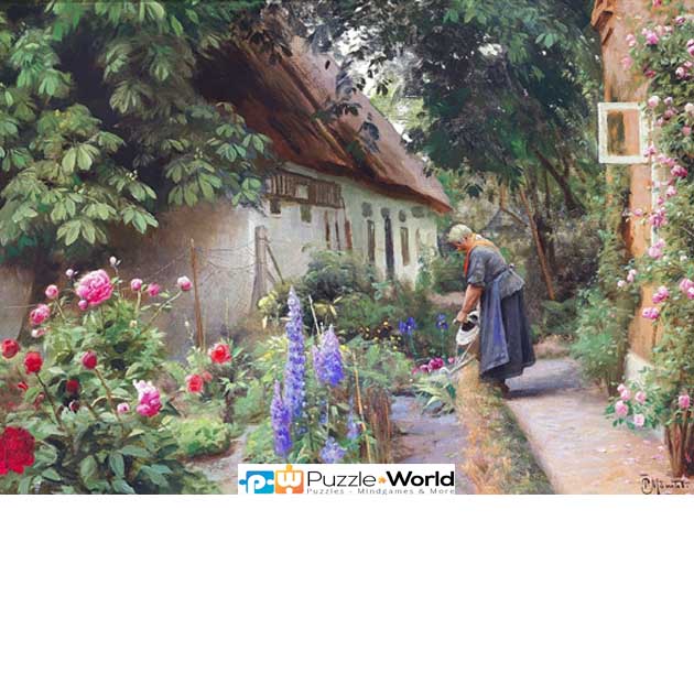 Peder Mork Monsted: An Old Woman Watering the Flowers Behind a Thatched Farmhouse