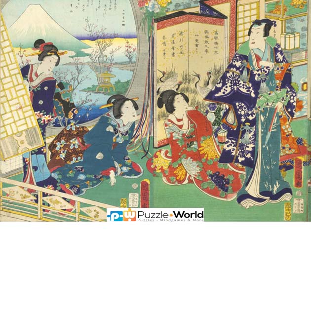 Utagawa Kunichika: Prince Genji Visiting a Residence Overlooking Mount Fuji